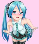  1girl aqua_eyes aqua_hair blush glasses hatsune_miku headphones highres kazu-chan looking_at_viewer nail_polish necktie open_mouth panties pleated_skirt simple_background skirt solo striped_panties thighhighs twintails very_long_hair vocaloid 