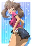  ass blush breasts brown_hair dark_skin from_behind green_eyes long_hair looking_back medium_breasts midriff open_mouth poke_ball poke_ball_(generic) pokemon pokemon_(game) pokemon_xy quad_tails sana_(pokemon) short_shorts shorts solo thighs washizuka_shou 