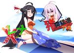  ^_^ ahoge ara_han ara_han_(celestial_fox) beach black_hair breasts closed_eyes elsword eun_(elsword) hair_ornament hairclip hairpin innertube long_hair medium_breasts morino_donguri multiple_girls one-piece_swimsuit open_eyes open_mouth pink_hair red_eyes sakra_devanam_(elsword) sitting swimsuit 