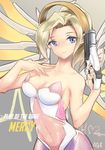  artist_name bare_shoulders blonde_hair blue_eyes breasts character_name cleavage collarbone covered_navel cowboy_shot dress fingernails gun hand_on_own_chest hand_up headgear holding holding_gun holding_weapon large_breasts lips long_fingernails mechanical_halo mechanical_wings mercy_(overwatch) overwatch ponytail saya_species short_hair sleeveless sleeveless_dress smile solo spread_wings weapon wings yellow_wings 