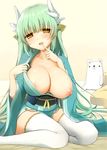  :d areola_slip areolae blush breasts clothes_pull collarbone commentary_request fate/grand_order fate_(series) finger_to_mouth green_hair hair_ornament horns japanese_clothes kimono kiyohime_(fate/grand_order) kujiran large_breasts long_hair looking_at_viewer obi one_breast_out open_mouth pulled_by_self sash sitting smile solo sweat thighhighs white_legwear wide_sleeves yellow_eyes 