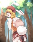  animal_ears back bag beret blonde_hair brown_eyes bunny_ears bunny_tail carrot_(one_piece) hat highres leaf miniskirt monster_girl one_piece open_mouth rabbit_girl skirt solo tail teeth tree yin_hui 