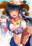  bikini black_hair blush breasts closed_eyes flower flower_necklace hat hibiscus hibiscus_print holding_hands jewelry large_breasts lei long_hair necklace ogino_atsuki open_mouth original out_of_frame parfait plumeria pov smile solo_focus straw_hat swimsuit two_side_up 