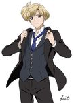  bishoujo_senshi_sailor_moon blonde_hair blue_eyes cowboy_shot crossdressing formal highres necktie reverse_trap short_hair signature smile solo suit takamachi_fate ten'ou_haruka very_short_hair waistcoat 