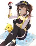  :3 baseball_cap blue_eyes breasts brown_hair cellphone cleavage female_protagonist_(pokemon_go) gen_1_pokemon gloves hat highres leggings legwear_under_shorts levi9452 long_hair medium_breasts one_eye_closed phone pikachu poke_ball pokemon pokemon_(creature) pokemon_go ponytail shorts 