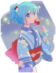  artist_name bad_id bad_twitter_id bangs blue_eyes blue_hair blush candy_apple eyebrows_visible_through_hair fingernails floral_print food from_side hair_bobbles hair_ornament holding japanese_clothes kawashiro_nitori kimono long_sleeves looking_at_viewer obi sash scrunchie short_hair sidelocks solo striped striped_scrunchie tori_(otori) touhou two_side_up upper_body wide_sleeves wrist_scrunchie yukata 