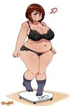  1girl angry belly black_bra bra breasts brown_hair cleavage fat flanny_(lightsource) lace-trimmed_bra large_breasts lightsource lingerie navel original panties plump pout red_eyes short_hair socks solo standing thick_thighs thighs underwear 