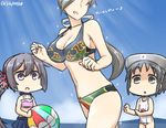  akebono_(kantai_collection) ball beachball bell bikini black_hair blue_sky breast_envy breasts brown_eyes chitose_(kantai_collection) choker commentary dated day diving_mask diving_mask_on_head faceless faceless_female flower grey_hair hair_bell hair_flower hair_ornament hair_ribbon hamu_koutarou headband jingle_bell kantai_collection large_breasts long_hair maru-yu_(kantai_collection) multiple_girls neck_ribbon open_mouth ponytail purple_eyes purple_hair ribbon school_swimsuit shaded_face short_hair side_ponytail skirt sky sparkle swimsuit translated very_long_hair white_school_swimsuit white_swimsuit 