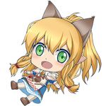  bag bell blonde_hair chibi commentary_request dress extra_ears green_eyes hood hood_down long_hair looking_at_viewer meowstress monster_hunter monster_hunter_x open_mouth paw_print pointy_ears short_ponytail sidelocks solo wisewolf_art 