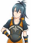 armor bangs blue_hair breastplate brown_eyes craneace elbow_gloves eyebrows eyebrows_visible_through_hair fire_emblem fire_emblem_if gloves hair_between_eyes hand_on_hip head_tilt long_hair oboro_(fire_emblem_if) ponytail simple_background solo upper_body white_background 
