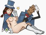  1girl blue_eyes boots bowtie breasts brooch brown_hair capcom cape earrings female gloves gyakuten_saiban gyakuten_saiban_5 hand_on_headwear jewelry mr_hat naruhodou_minuki nipples nude one_eye_closed puppet scarf short_hair simple_background single_earring sitting smile solo splashbrush star top_hat white_background wink 