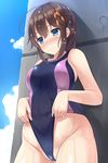  3: ahoge alternate_costume blue_eyes blush breasts brown_hair competition_swimsuit groin hair_flaps hair_ornament hair_over_shoulder highres kantai_collection large_breasts lifted_by_self long_hair mizunashi_kenichi one-piece_swimsuit partially_visible_vulva remodel_(kantai_collection) shigure_(kantai_collection) solo swimsuit wedgie wet 