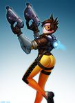  1girl ass bodysuit bomber_jacket brown_eyes brown_gloves brown_hair brown_jacket from_behind gloves goggles holding holding_gun holding_weapon jacket large_ass leather leather_jacket looking_at_viewer overwatch short_hair solo spiked_hair thigh_strap tracer_(overwatch) 