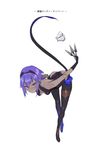  backless_outfit blue_hair blush fate/grand_order fate/prototype fate/prototype:_fragments_of_blue_and_silver fate_(series) full_body hassan_of_serenity_(fate) highres kunai nito_(siccarol) purple_eyes purple_hair short_hair solo translation_request weapon 