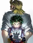  absurdres all_might back-to-back blonde_hair boku_no_hero_academia copyright_name elbow_pads freckles frown gloves green_eyes green_hair grin highres male_focus midoriya_izuku multiple_boys serious sleeves_rolled_up smile torn_clothes upper_body veins watagashi0710 white_gloves 