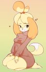  &lt;3 2018 animal_crossing anthro blonde_hair canine clothed clothing coffeechicken dog female hair isabelle_(animal_crossing) kneeling mammal nintendo shih_tzu simple_background smile solo sweater video_games 