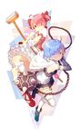  ahoge arrow blue_eyes blue_hair bow broom chain cosplay eyes_visible_through_hair gloves hair_bow hair_ornament hair_over_one_eye kaname_madoka kaname_madoka_(cosplay) lf magical_girl mahou_shoujo_madoka_magica md5_mismatch miki_sayaka miki_sayaka_(cosplay) multiple_girls pink_hair ram_(re:zero) re:zero_kara_hajimeru_isekai_seikatsu red_bow red_eyes rem_(re:zero) short_hair siblings sisters thighhighs twins twintails weapon white_gloves white_legwear x_hair_ornament 