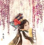  bad_id bad_pixiv_id black_hair butterfly_hair_ornament camellia chinese_clothes copyright_name crystal dan_fei eyelashes flower frilled_sleeves frills gem hair_flower hair_ornament hair_tubes hat long_hair long_sleeves parted_lips purple_eyes red_eyes red_flower say_hana sleeves_past_wrists solo thunderbolt_fantasy upper_body wide_sleeves wisteria 