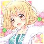  bangs blonde_hair blush flower hair_ornament long_hair looking_at_viewer low_twintails nico_ame open_mouth original ribbon smile solo twintails 