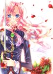  absurdres aiguillette backlighting blue_eyes epaulettes flower forehead highres holding holding_sword holding_weapon jewelry long_hair petals pink_hair ring rose rose_petals shiny shoujo_kakumei_utena smile solo sword tenjou_utena touki_matsuri uniform upper_body weapon 