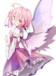  ahoge animal_ears arm_garter back_cutout bird_ears blush boots dress head_tilt juliet_sleeves kuroneko_no_toorimichi long_sleeves looking_at_viewer mystia_lorelei open_mouth pink_eyes pink_hair puffy_sleeves short_hair simple_background smile solo touhou white_background wings 