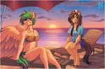  2016 5_fingers anthro bare_shoulders bikini brown_eyes brown_hair clothed clothing day detailed_background duo equine eye_patch eyewear fan_character feathered_wings feathers female fingers fur green_eyes green_hair hair hooves horn inner_ear_fluff jewelry looking_at_viewer mammal margony midriff my_little_pony navel necklace pegasus sand seaside sitting sky smile sun swimsuit tan_feathers tan_fur unicorn water wings 