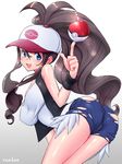  ass balancing baseball_cap blue_eyes breasts brown_hair denim denim_shorts exposed_pocket from_behind hat highres huge_breasts index_finger_raised leaning_forward long_hair looking_back open_mouth poke_ball pokemon pokemon_(game) pokemon_bw ponytail ranken shirt short_shorts shorts smile solo torn_clothes torn_shorts touko_(pokemon) very_long_hair vest 