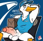  anthro armpit_hair armpits avian balls baseball_cap beak bird bottomless clothed clothing english_text erection flat_colors hat humanoid_penis kaisertaylorproducts one_eye_closed parcel partially_retracted_foreskin penis pinup pose pubes raised_arm reclining simple_background sitting spread_legs spreading stork text uncut united_states_postal_service vein veiny_penis wink 