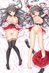  arms_up bare_shoulders barefoot black_hair blush breasts breasts_outside brown_eyes commentary_request dakimakura detached_sleeves from_above full_body hair_ornament hairband hairclip haruna_(kantai_collection) headgear japanese_clothes kantai_collection large_breasts legs long_hair looking_at_viewer lying multiple_views navel nipples no_bra nontraditional_miko on_back open_clothes open_shirt panties panty_pull ribbon-trimmed_sleeves ribbon_trim riichu shirt skirt skirt_around_one_leg underwear undressing white_panties wide_sleeves 