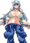  alternate_costume bangs behind_back blue_hair blue_jumpsuit breasts clothes_around_waist collarbone contrapposto cowboy_shot eyebrows eyebrows_visible_through_hair groin hair_between_eyes heiseikorotaisei hips jumpsuit kamishirasawa_keine large_breasts long_hair looking_at_viewer multicolored_hair naughty_face navel no_panties oversized_object shiny shiny_clothes shiny_hair shiny_skin sidelocks simple_background solo standing stomach thick_eyebrows tongue tongue_out touhou two-tone_hair very_long_hair white_background white_bikini_top wrench 
