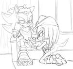  angelofhapiness boots chair chest_tuft clothing crown echidna footwear gloves half-closed_eyes handjob hat hedgehog jacket kneeling knuckles_the_echidna male male/male mammal monotreme penis sex shadow_the_hedgehog sitting sketch smile sonic_(series) throne tuft 