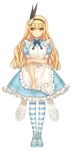  alice_(wonderland) alice_in_wonderland ankle_lace-up apron bangs black_ribbon blonde_hair blue_dress blue_shorts blurry cross-laced_footwear depth_of_field dress eyebrows eyebrows_visible_through_hair frilled_apron frilled_dress frills full_body hairband kawaku lace long_hair looking_at_viewer magnifying_glass maid_apron mirror neck_ribbon original pantyhose puffy_short_sleeves puffy_sleeves ribbon shoes short_sleeves shorts simple_background solo standing striped striped_legwear wavy_hair white_apron white_background 