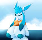  anthro big_breasts black_sclera blue_eyes blue_fur breasts clothed clothing clothing_lift cloud dessert eeveelution elfdrago female food frozen_yoghurt fur glaceon hair ice_cream long_hair navel nintendo nipples outside pok&eacute;mon pok&eacute;morph shirt shirt_lift sky solo video_games water 