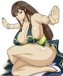  alternate_costume alternate_hairstyle bracelet braid breasts brown_hair chun-li cleavage fighting_stance gigantic_breasts highres jewelry looking_at_viewer nail_polish otogi_tetsurou solo spiked_bracelet spikes street_fighter street_fighter_v thick_thighs thighs twin_braids 