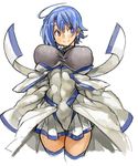  ahoge blue_eyes blue_hair breasts character_request copyright_request covered_navel covered_nipples detached_sleeves dress huge_breasts long_sleeves looking_to_the_side perky_breasts sachito short_dress short_hair simple_background sleeves_past_wrists smile solo thighhighs white_background white_dress white_legwear wide_sleeves zettai_ryouiki 