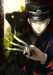  blue_eyes cape cat cloak commentary_request devil_summoner gouto hat konosaki_usetsu kuzunoha_raidou looking_at_viewer male_focus peaked_cap shako_cap shin_megami_tensei sideburns solo tube 