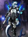  abs anthro armor female fish gun half-closed_eyes marine neltharion290 nika_sharkeh outside ranged_weapon rifle shark sharp_teeth smile solo standing teeth weapon 