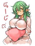  :o bangs blush breasts character_request copyright_request covered_nipples green_eyes green_hair hair_between_eyes large_breasts long_hair long_sleeves pajamas perky_breasts pillow pointy_ears remona-san sachito simple_background sitting solo thick_thighs thighs white_background 