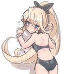  ass black_bow blonde_hair blue_eyes blush bow bracelet charlotta_fenia competition_swimsuit flat_ass flying_sweatdrops from_behind granblue_fantasy hair_bow hair_up harvin jewelry long_hair looking_back one-piece_swimsuit sherad simple_background solo swimsuit white_background 