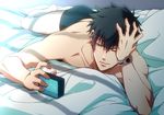 alarm_clock bed bed_sheet black_hair blue_eyes boxers clock hand_in_hair hand_on_own_head kougami_shin'ya looking_down lying male_focus male_underwear messy_hair on_stomach one_eye_closed pillow psycho-pass rion8014 shirtless solo underwear waking_up 