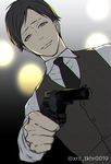  black_hair black_neckwear from_below grey_eyes gun holding holding_gun holding_weapon jitsui_(joker_game) joker_game male_focus necktie riyuta_(777555333) smile solo twitter_username waistcoat weapon 