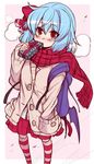  alternate_costume backpack bag bat_wings blue_hair blush bow box colored_pencil_(medium) commentary_request contemporary covering_mouth eichi_yuu gift gift_box hair_bow hand_in_pocket holding holding_gift jacket looking_at_viewer nose_blush open_clothes open_jacket over-kneehighs red_bow red_eyes red_scarf red_skirt remilia_scarlet scarf shirt short_hair skirt solo striped striped_legwear sweater sweater_jacket thighhighs touhou traditional_media valentine white_shirt wings 