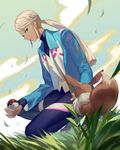  androgynous blanche_(pokemon) brown_eyes cloud coat dark_skin day dutch_angle eevee gen_1_pokemon grass holding holding_poke_ball kneeling long_hair looking_at_another open_clothes open_coat poke_ball pokemon pokemon_(creature) pokemon_go ponytail sky smile white_hair yamakawa 