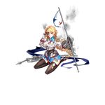  aiguillette armor banner belt blonde_hair blue_eyes blue_skirt blush braid breasts broken brown_legwear cannon closed_mouth damaged epaulettes flag fleur_de_lis full_body gauntlets hair_between_eyes hand_on_forehead heterochromia high_heels holding jeanne_d'arc_(zhan_jian_shao_nyu) large_breasts long_hair long_sleeves looking_at_viewer machinery medal military military_uniform miyazaki_byou official_art pleated_skirt red_eyes red_ribbon ribbon rigging shield shirt single_braid sitting skirt smoke solo sword thighhighs torn_clothes transparent_background turret uniform weapon white_shirt zettai_ryouiki zhan_jian_shao_nyu 