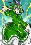 :o blush commentary_request dress eichi_yuu electricity ghost_tail green_dress green_eyes green_hair hat japanese_clothes juliet_sleeves long_sleeves looking_at_viewer puffy_sleeves short_hair soga_no_tojiko solo touhou v-shaped_eyebrows 