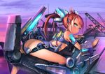  ass bare_shoulders blush breasts butt_crack elf green_eyes headgear highres jishimaru long_hair looking_at_viewer mecha_musume original pointy_ears ponytail red_eyes sitting small_breasts solo straddling underboob 