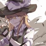  bad_id bad_pixiv_id black_gloves blonde_hair bow empty_eyes fingerless_gloves gloves hair_over_one_eye hat hat_bow kirisame_marisa looking_at_viewer meng_ziya mini-hakkero parted_lips puffy_sleeves smile solo touhou upper_body white_bow witch_hat yellow_eyes 