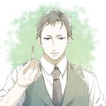  black_neckwear blue_eyes brown_hair cigarette joker_game k0mk0mk0m looking_at_viewer male_focus necktie solo tazaki_(joker_game) twitter_username 