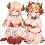  alicia_(granblue_fantasy) aliza_(granblue_fantasy) bandeau bangs bare_shoulders bikini blunt_bangs bow breasts cleavage_cutout covered_nipples detached_collar detached_sleeves draph earrings full_body gloves granblue_fantasy hair_bow hair_pulled_back halterneck headgear horns jewelry kneeling large_breasts leaning_forward leg_garter long_hair looking_at_viewer mother_and_daughter multiple_girls navel o-ring o-ring_bikini panties pointy_ears ponytail red_bikini red_eyes red_legwear sandals side-tie_panties simple_background skindentation smile strapless swimsuit thigh_gap thighhighs thomasz underwear white_background white_gloves white_panties 