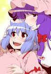  :d arm_garter blue_hair blush bow commentary_request eichi_yuu frilled_shirt_collar frills hair_bow hat hat_removed head_kiss headwear_removed long_hair mob_cap multiple_girls open_mouth patchouli_knowledge pink_shirt pointy_ears purple_eyes purple_hair red_bow red_eyes remilia_scarlet shirt short_hair sidelocks smile touhou upper_body wrist_cuffs yuri 